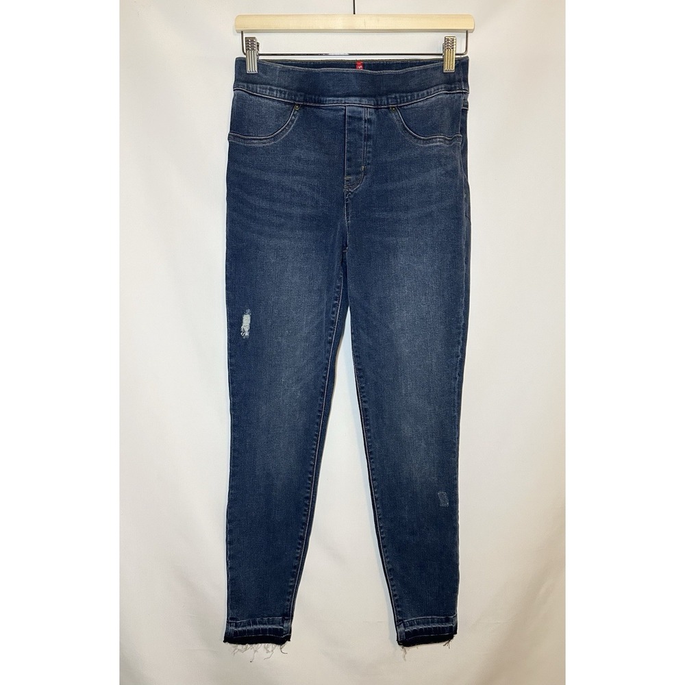SPANX Pull On Distressed Skinny Blue Jeans Raw Hem Stretch Jeggings MEDIUM‎